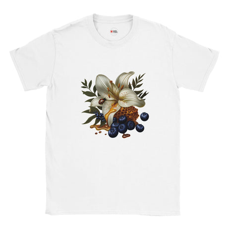 White t-shirt with a floral and fruit design on a white background