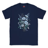 A navy blue short-sleeve crewneck t-shirt featuring a central graphic of a watercolor-style floral bouquet with white and light blue flowers, green leaves, and delicate sprigs.