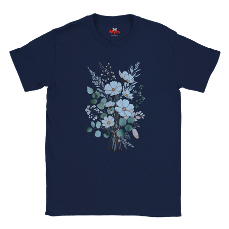 A navy blue short-sleeve crewneck t-shirt featuring a central graphic of a watercolor-style floral bouquet with white and light blue flowers, green leaves, and delicate sprigs.