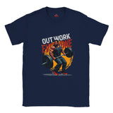Navy blue t-shirt with a graphic of a man lifting weights and text 'Out Work Everyone' on a white background.