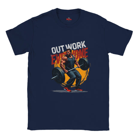 Navy blue t-shirt with a graphic of a man lifting weights and text 'Out Work Everyone' on a white background.