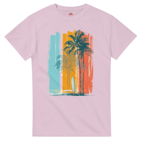 Pink t-shirt with a tropical design featuring palm trees and a surfboard on a white background.