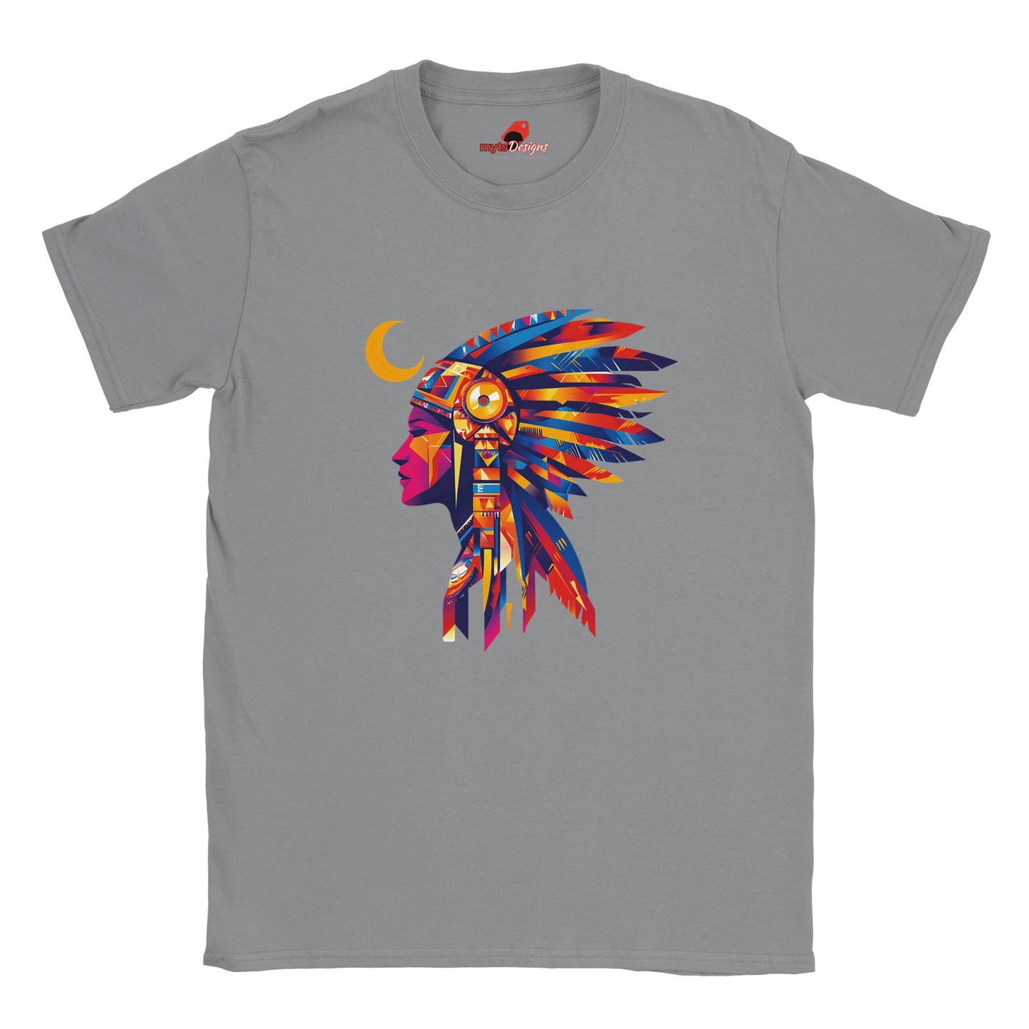 Front view of American Indian Moon T-shirt featuring colorful tribal moon vector art on sports grey cotton tee