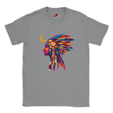Front view of American Indian Moon T-shirt featuring colorful tribal moon vector art on sports grey cotton tee