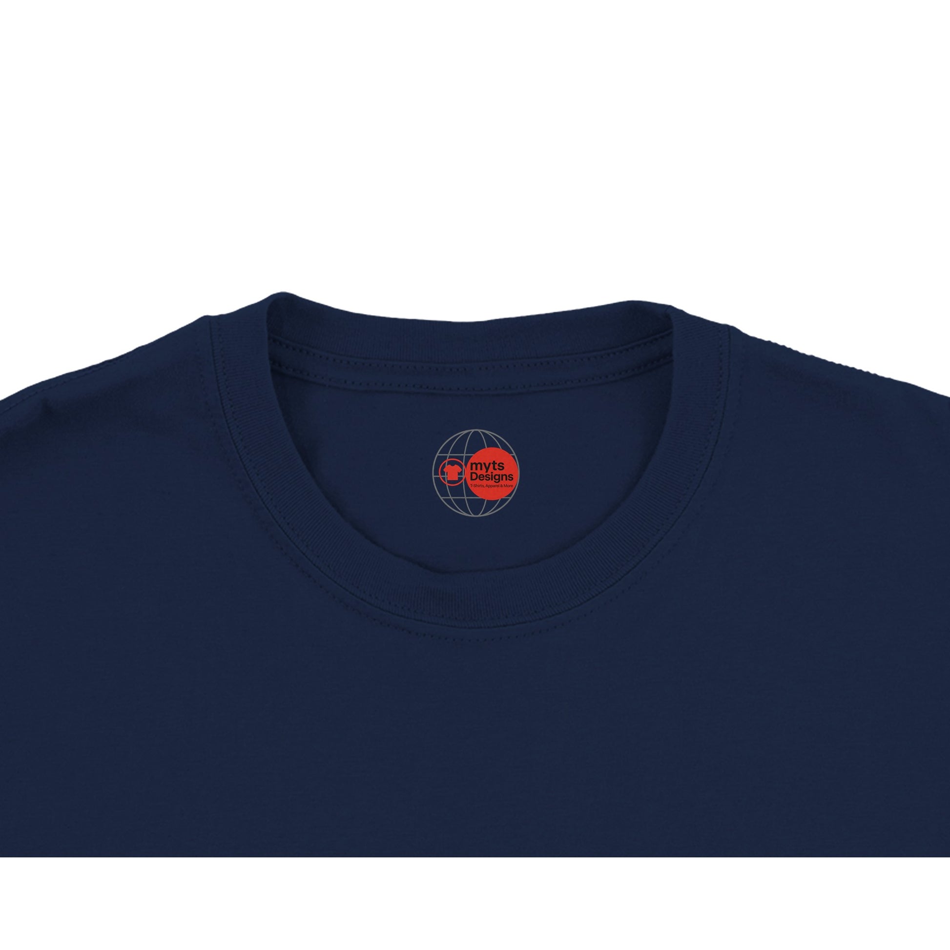 Navy blue t-shirt with a logo on the chest area against a white background