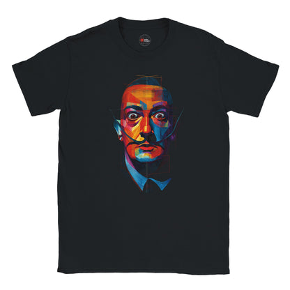 Black t-shirt with a colorful graphic of a face on a white background