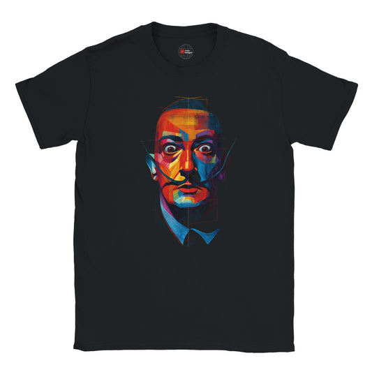 Black t-shirt with a colorful graphic of a face on a white background