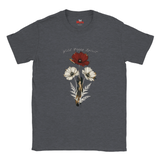 A dark heather gray t-shirt featuring a vintage-style botanical illustration of three wildflowers (one red, two white) with the text 'Wild Flower Spirit' printed above them.