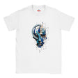 A white short-sleeve crewneck t-shirt featuring a central graphic print of a stylized face in blue, gray, and black geometric patterns. The inner collar shows the red and white 'Myts' brand logo.