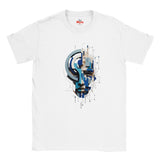 A white short-sleeve crewneck t-shirt featuring a central graphic print of a stylized face in blue, gray, and black geometric patterns. The inner collar shows the red and white 'Myts' brand logo.