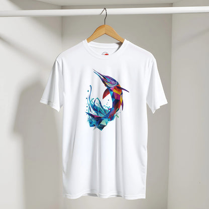 White t-shirt with a colorful fish design on a hanger against a plain background