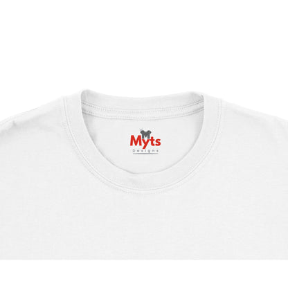 White t-shirt with 'Myts' logo on a white background