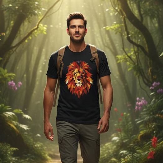 Man walking through a lush, vibrant forest with colorful flowers and sunlight filtering through the trees.