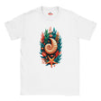 A white short-sleeve crewneck t-shirt featuring a colorful graphic print of a spiral nautilus shell surrounded by teal and orange seashells, coral, and a starfish.