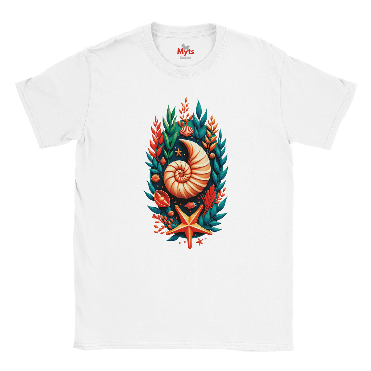 A white short-sleeve crewneck t-shirt featuring a colorful graphic print of a spiral nautilus shell surrounded by teal and orange seashells, coral, and a starfish.