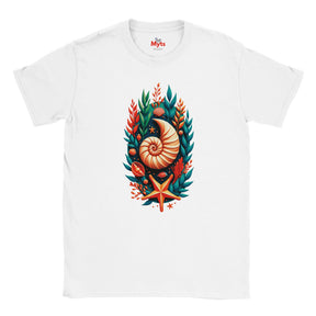 A white short-sleeve crewneck t-shirt featuring a colorful graphic print of a spiral nautilus shell surrounded by teal and orange seashells, coral, and a starfish.