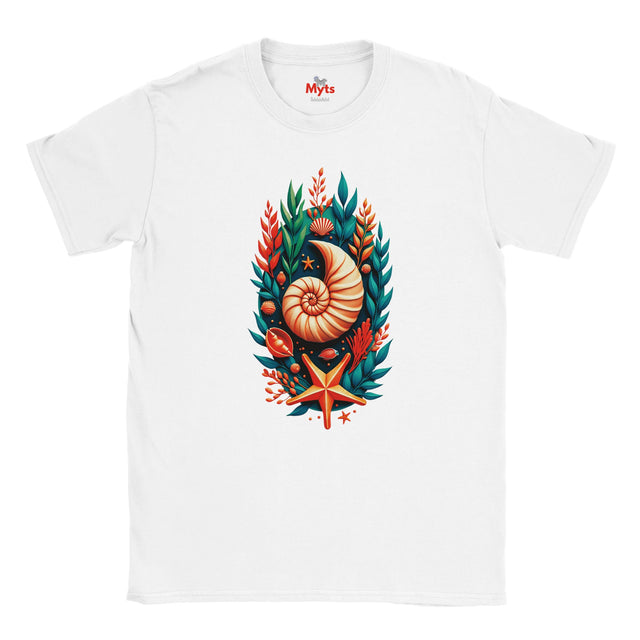 A white short-sleeve crewneck t-shirt featuring a colorful graphic print of a spiral nautilus shell surrounded by teal and orange seashells, coral, and a starfish.