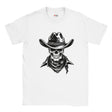 White t-shirt with a black and white graphic of a skull wearing a cowboy hat on a white background