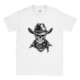 White t-shirt with a black and white graphic of a skull wearing a cowboy hat on a white background