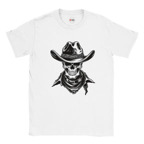 White t-shirt with a black and white graphic of a skull wearing a cowboy hat on a white background