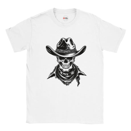 White t-shirt with a black and white graphic of a skull wearing a cowboy hat on a white background