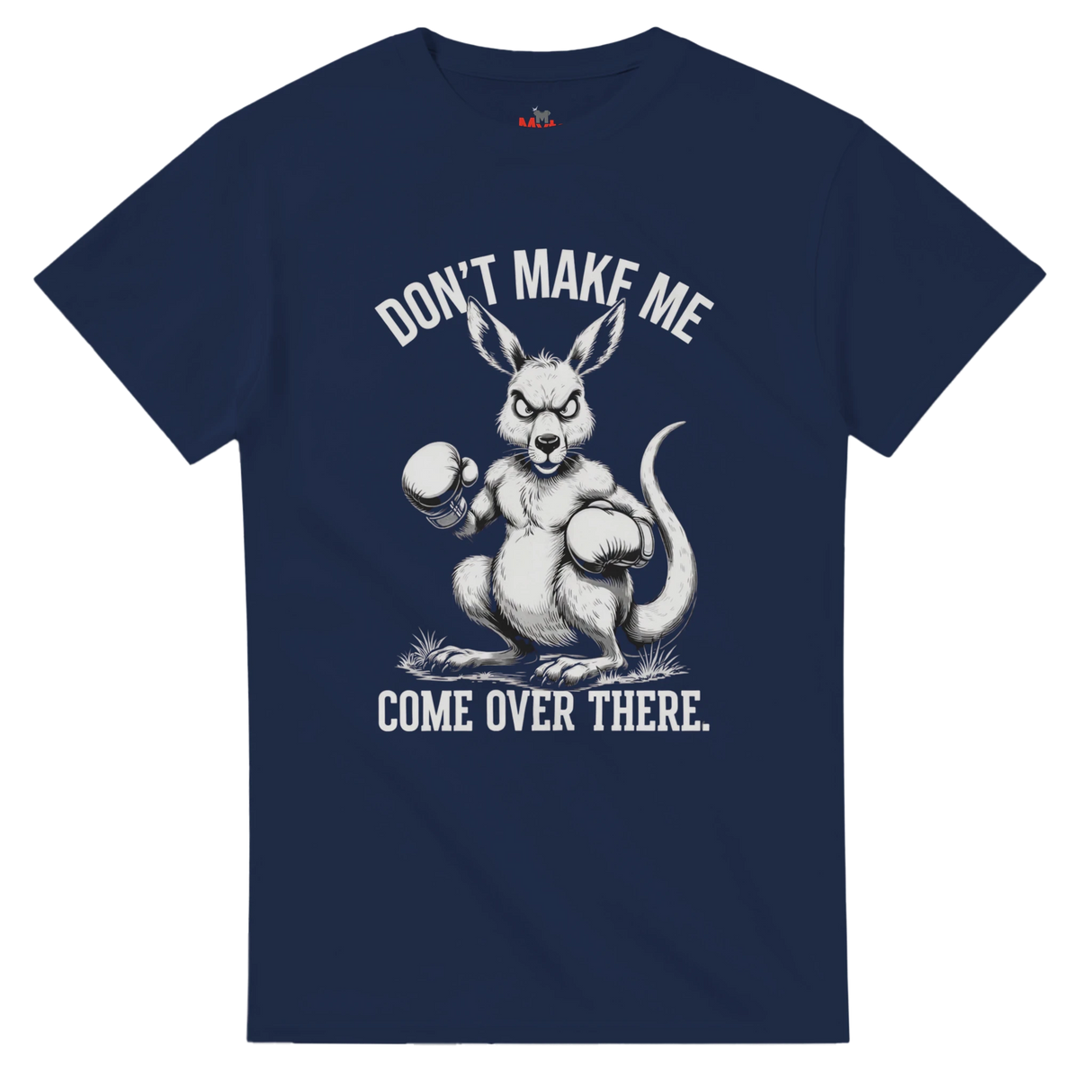 Navy blue t-shirt with a kangaroo graphic and text on a white background