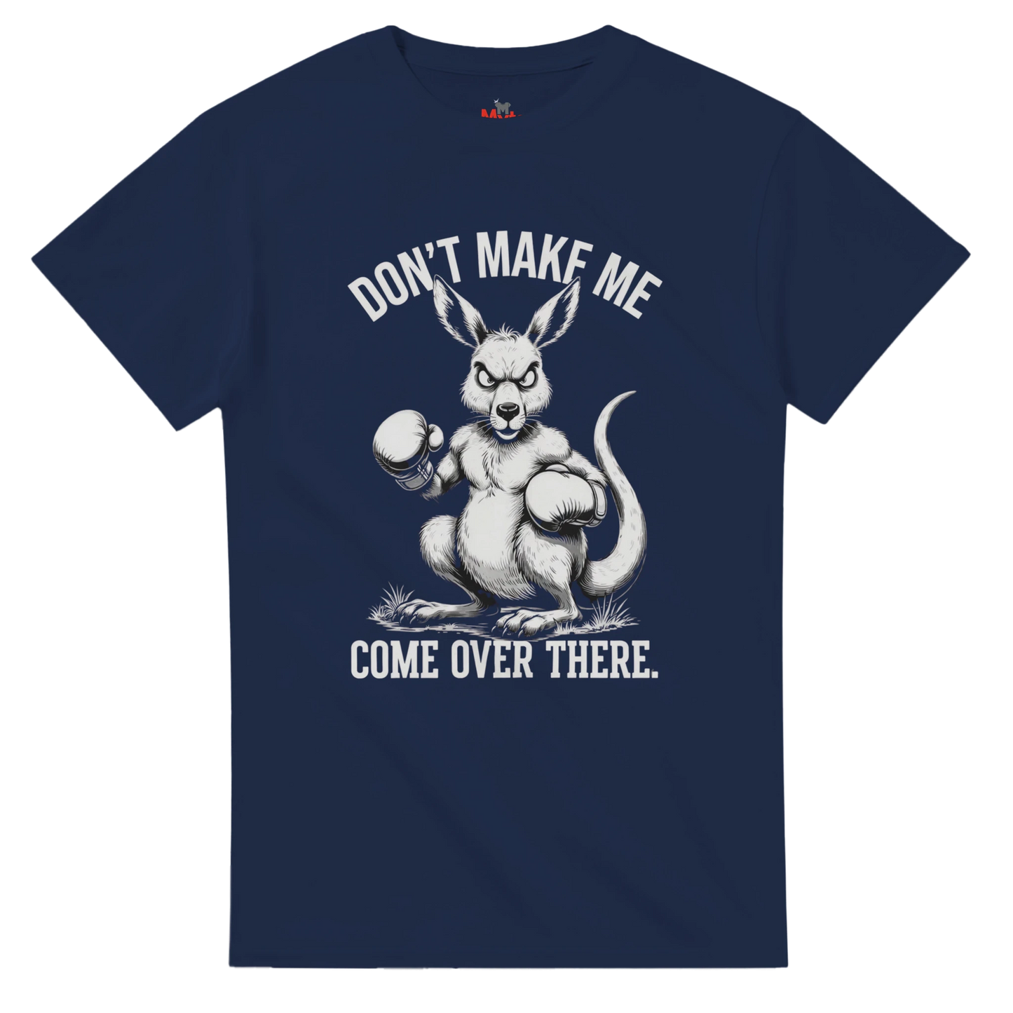 Navy blue t-shirt with a kangaroo graphic and text on a white background