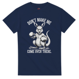 Navy blue t-shirt with a kangaroo graphic and text on a white background