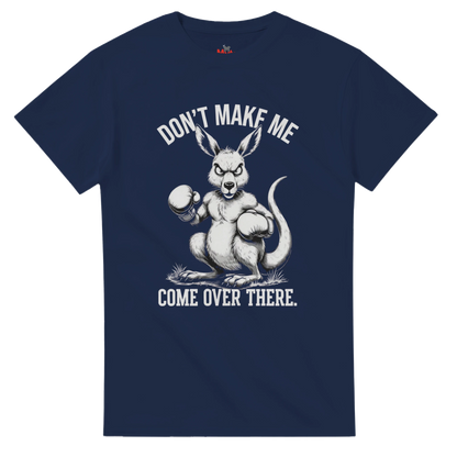 Navy blue t-shirt with a kangaroo graphic and text on a white background