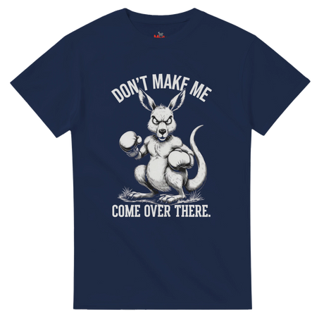 Navy blue t-shirt with a kangaroo graphic and text on a white background