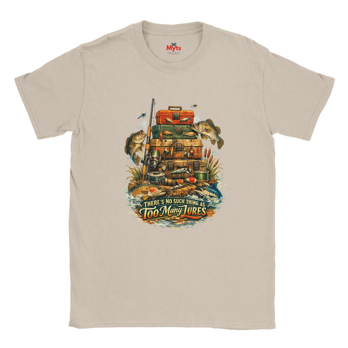 Sand t-shirt with fishing-themed graphic and text on a white background