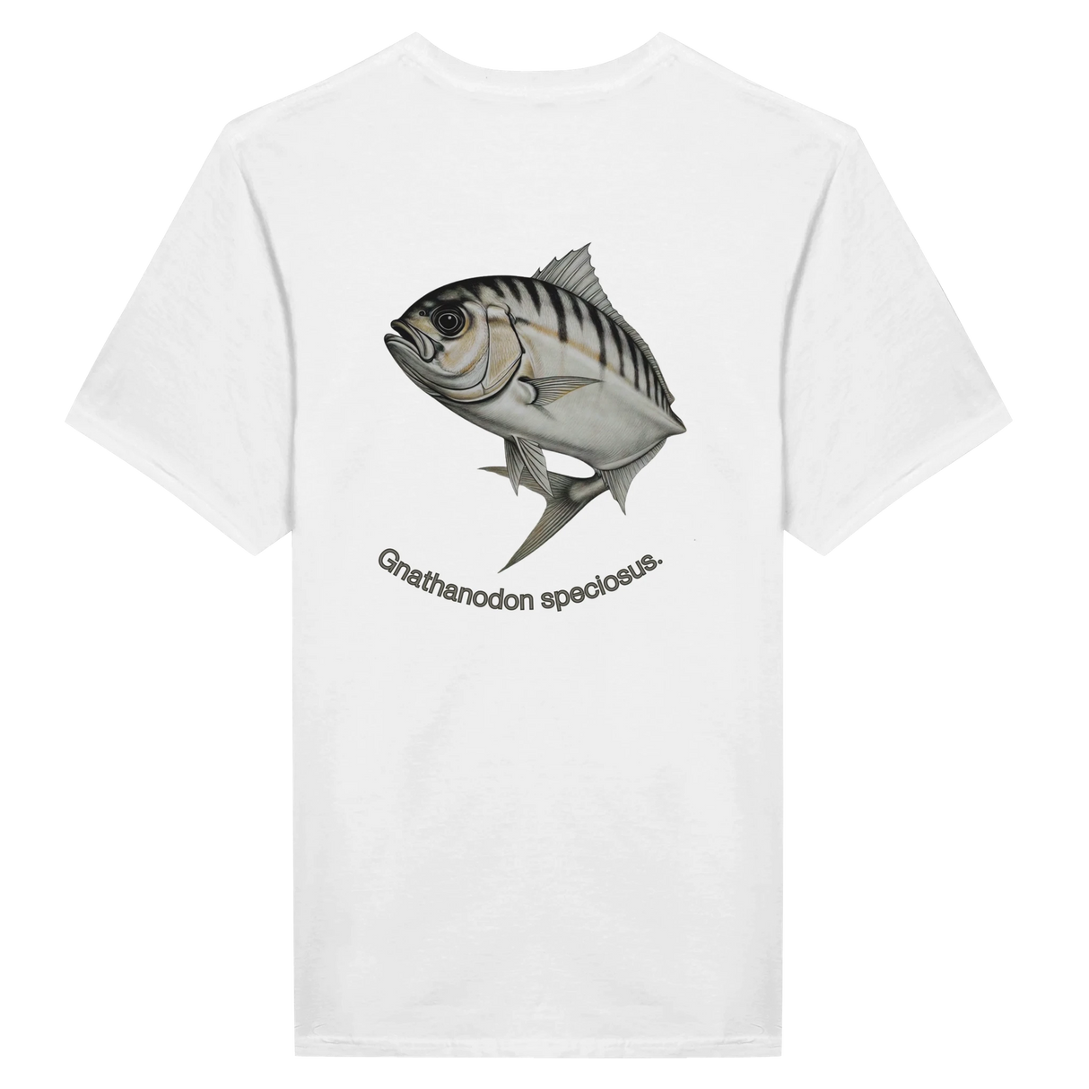 White t-shirt with a fish graphic and text on the back against a white background
