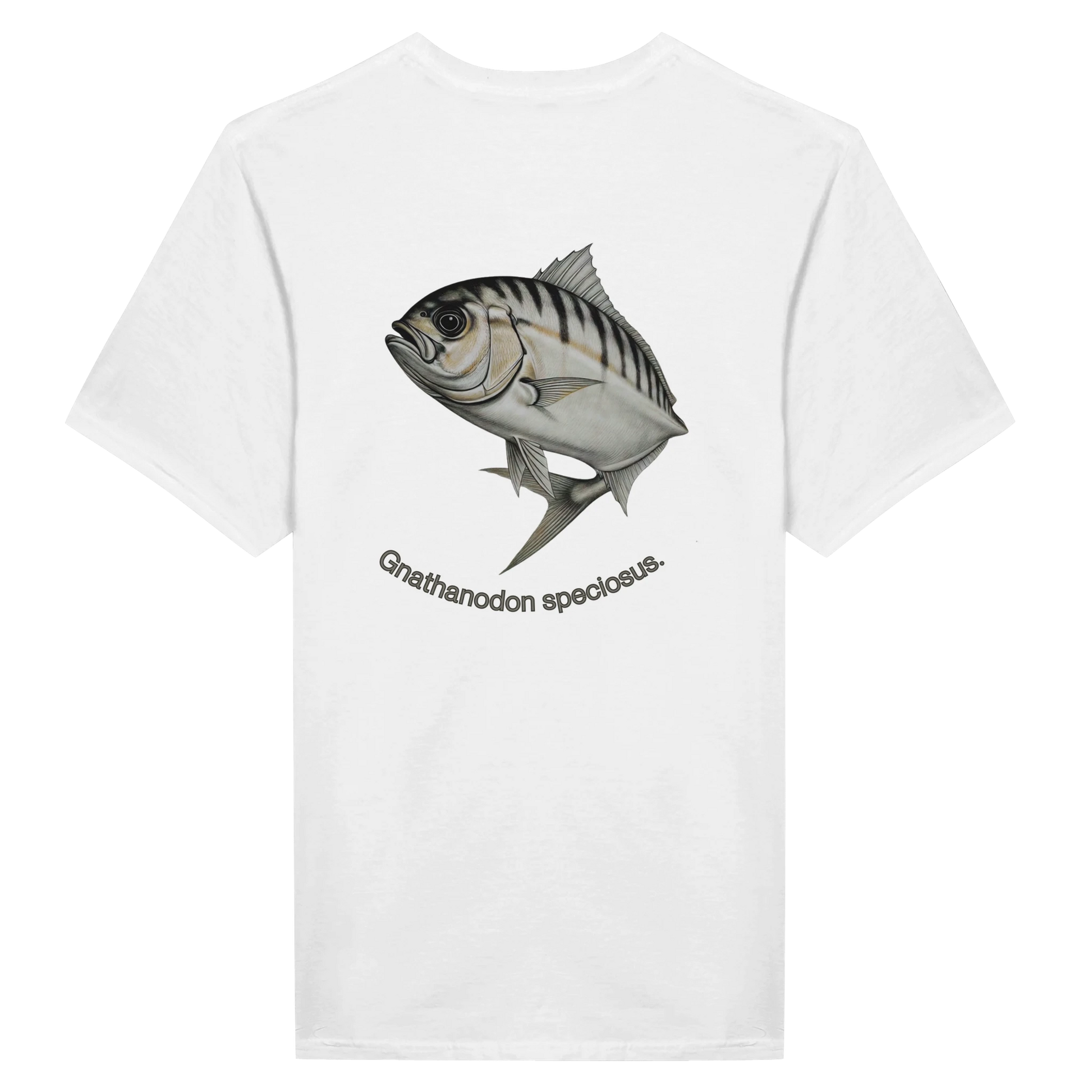 White t-shirt with a fish graphic and text on the back against a white background