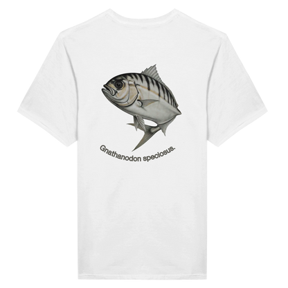 White t-shirt with a fish graphic and text on the back against a white background