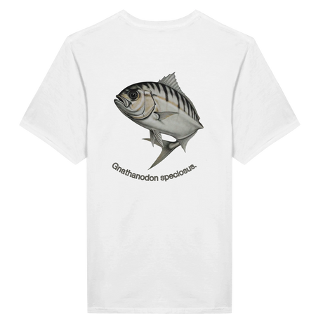 White t-shirt with a fish graphic and text on the back against a white background