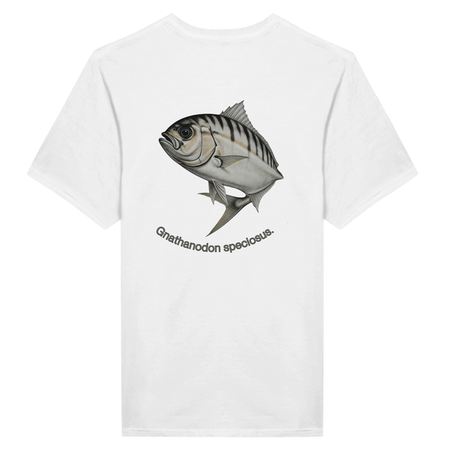 White t-shirt with a fish graphic and text on the back against a white background