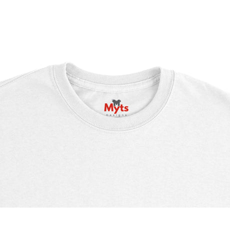 White t-shirt with 'Myts' logo on a white background