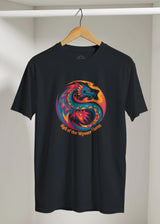 Front view of a black T‑shirt on a coat hanger featuring a bold dragon symbol graphic centered on a soft cotton tee 