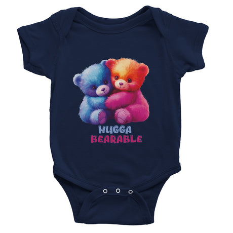 "Baby wearing white short sleeve onesie with rainbow bear design" I