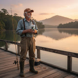 An older man stands on a wooden dock by a calm lake at sunset, holding a fishing rod and a cooler bag. Trees and a mountain are visible in the background.