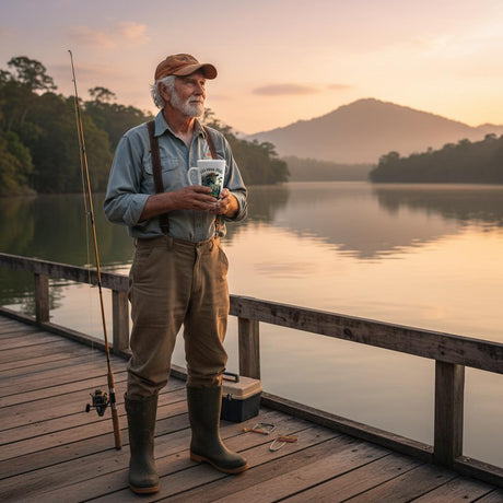 An older man stands on a wooden dock by a calm lake at sunset, holding a fishing rod and a cooler bag. Trees and a mountain are visible in the background.