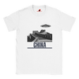“White T-shirt with a vintage black-and-white Great Wall of China illustration and a UFO hovering above it, labeled ‘CHINA,’ designed by MytsDesigns.com”


