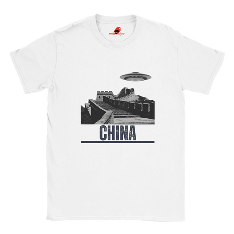 “White T-shirt with a vintage black-and-white Great Wall of China illustration and a UFO hovering above it, labeled ‘CHINA,’ designed by MytsDesigns.com”

