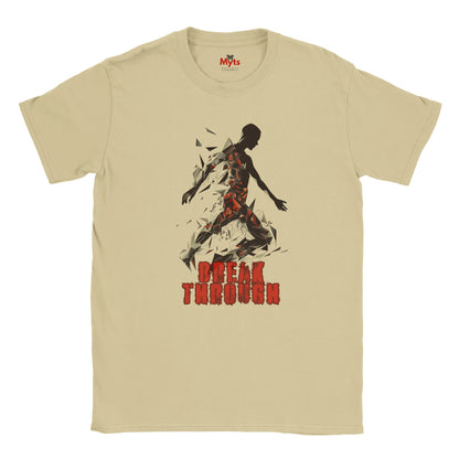 Natural t-shirt with a graphic of a running person and 'Break Through' text on a white background