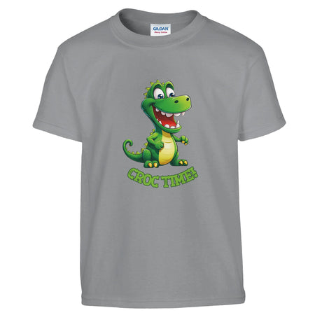 "Cute crocodile kids t-shirt in white with playful croc time design"