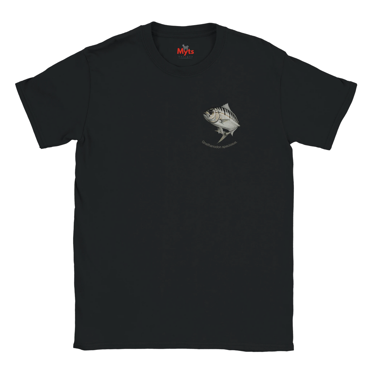 Black t-shirt with a fish graphic on a white background