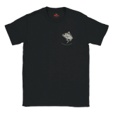 Black t-shirt with a fish graphic on a white background