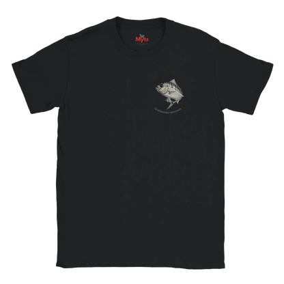 Black t-shirt with a fish graphic on a white background