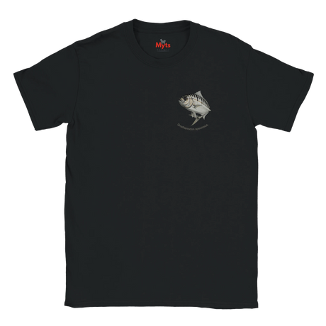 Black t-shirt with a fish graphic on a white background