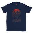 Navy blue t-shirt with red palm tree and sunset design on a white background